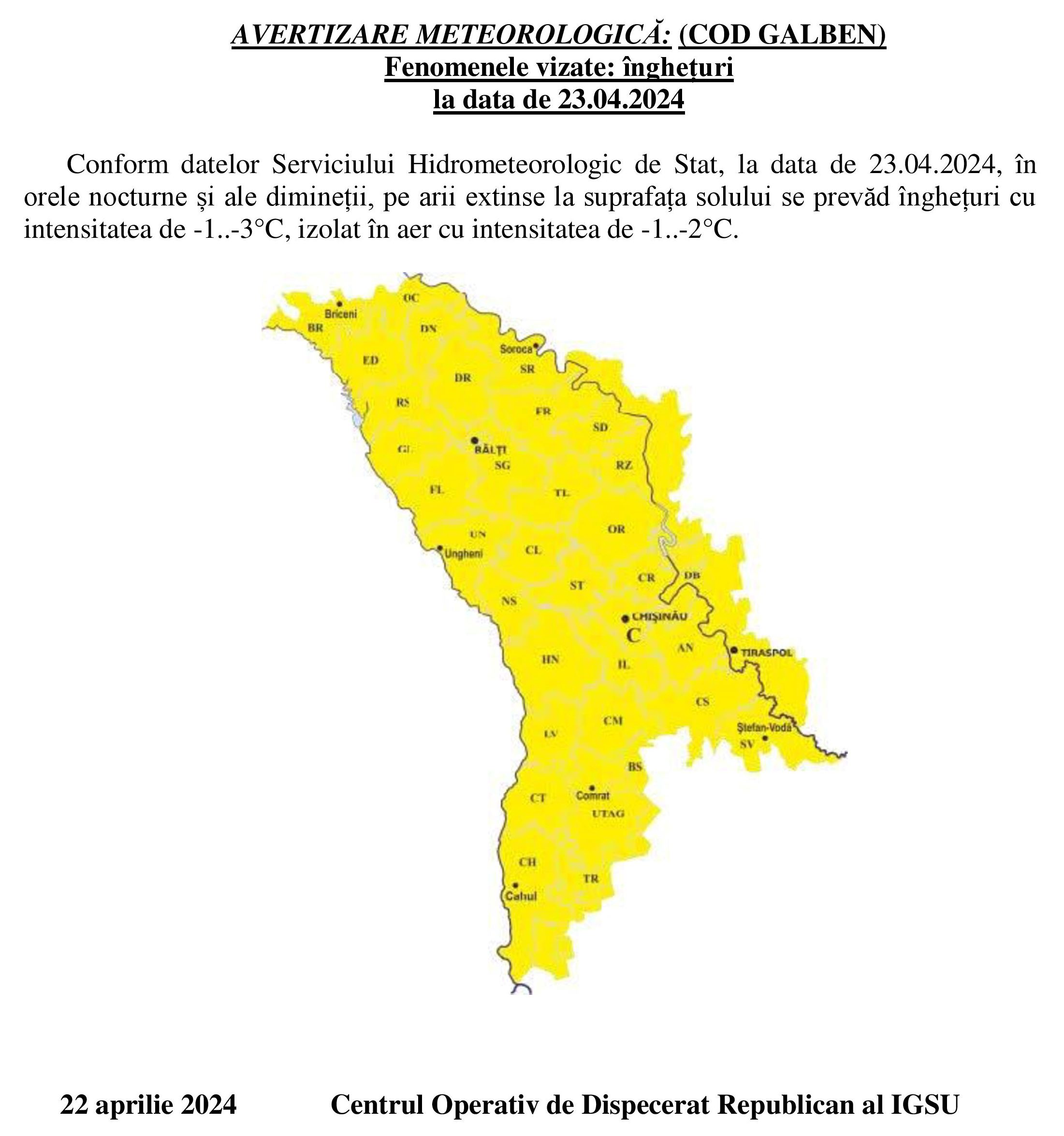 Avertizare Meteo Îngheturi 23.04.2024